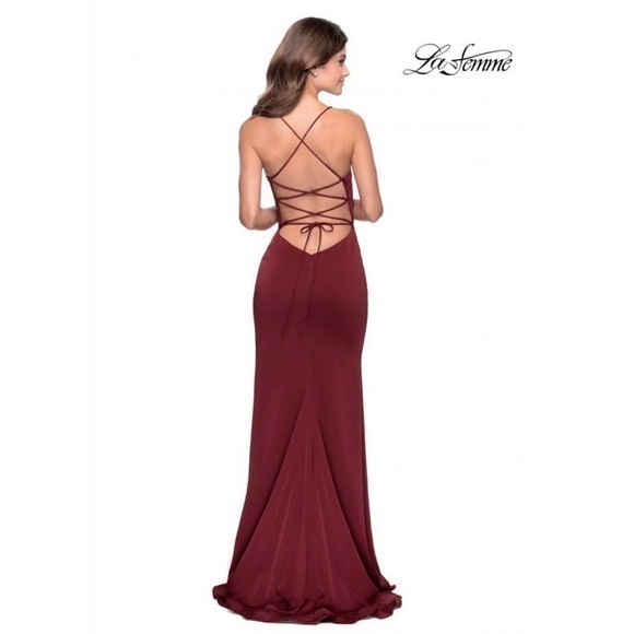 LA FEMME Black Flutter Slit Trumpet Gown - NWT - Picture 2 of 15